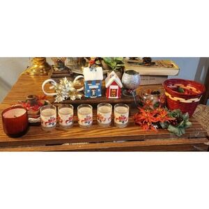 Vintage Lot Of 16 Christmas Candle Items, Mica Glitter Taper Candle Holder Rings